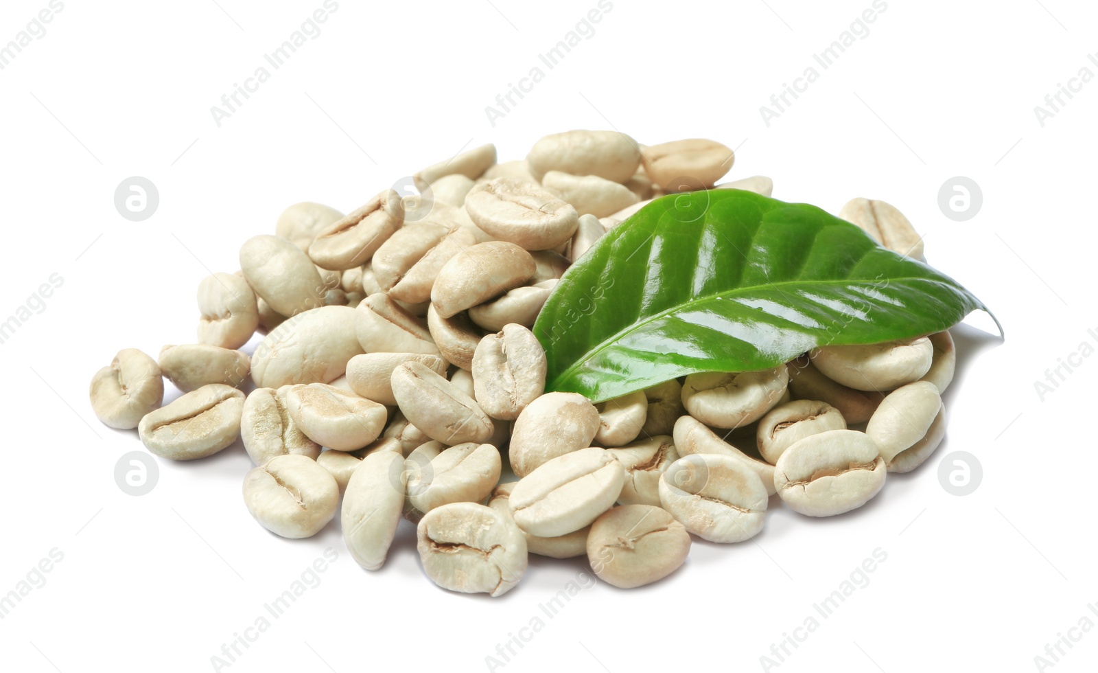 Photo of Green coffee beans and fresh leaf on white background