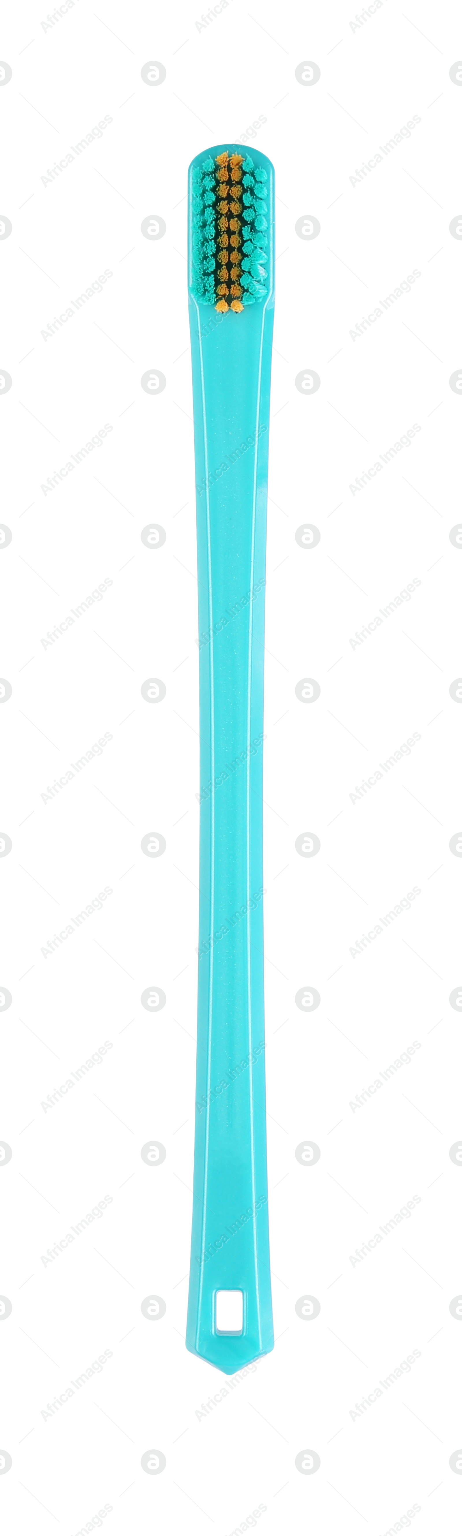 Photo of Turquoise plastic toothbrush isolated on white. Dental care