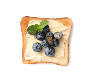 Photo of Tasty toast with butter, blueberry and mint isolated on white, top view