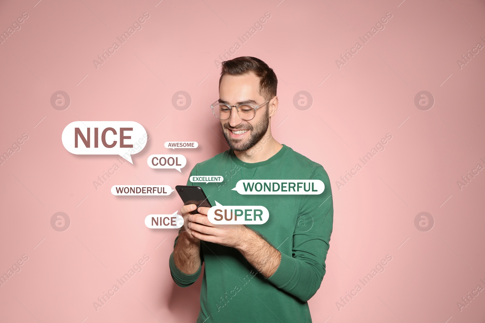 Image of Man using smartphone to give feedback on color background. Customer review