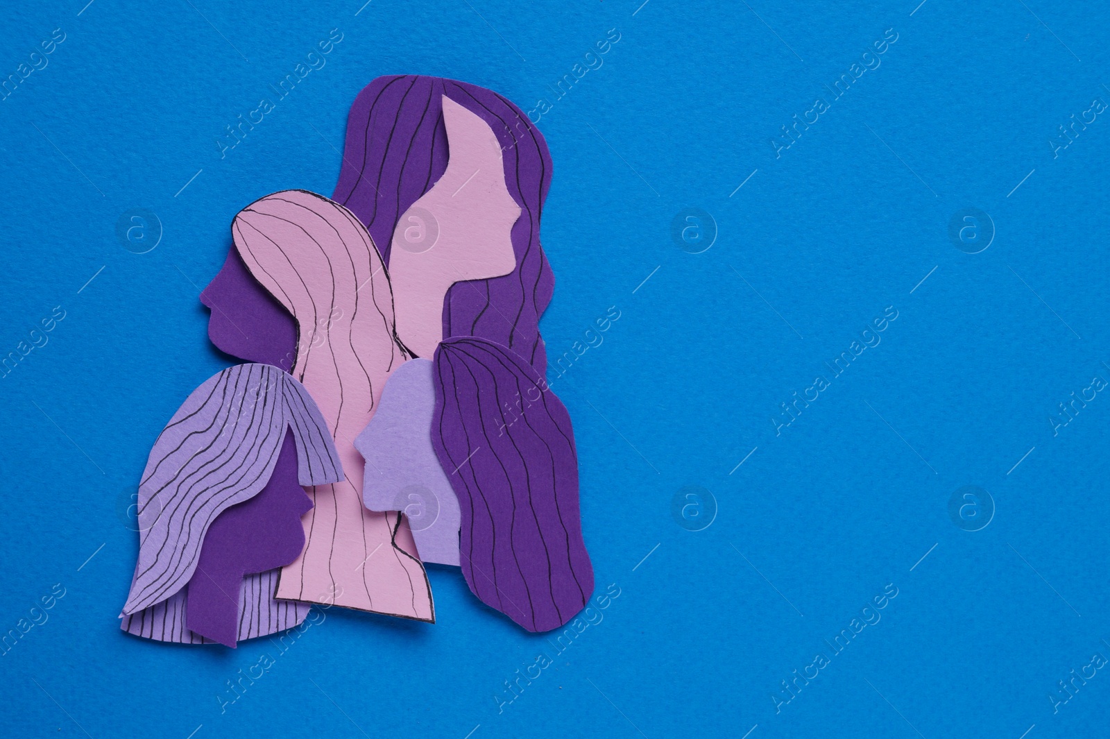 Photo of Woman's health. Female paper figures on light blue background, flat lay with space for text