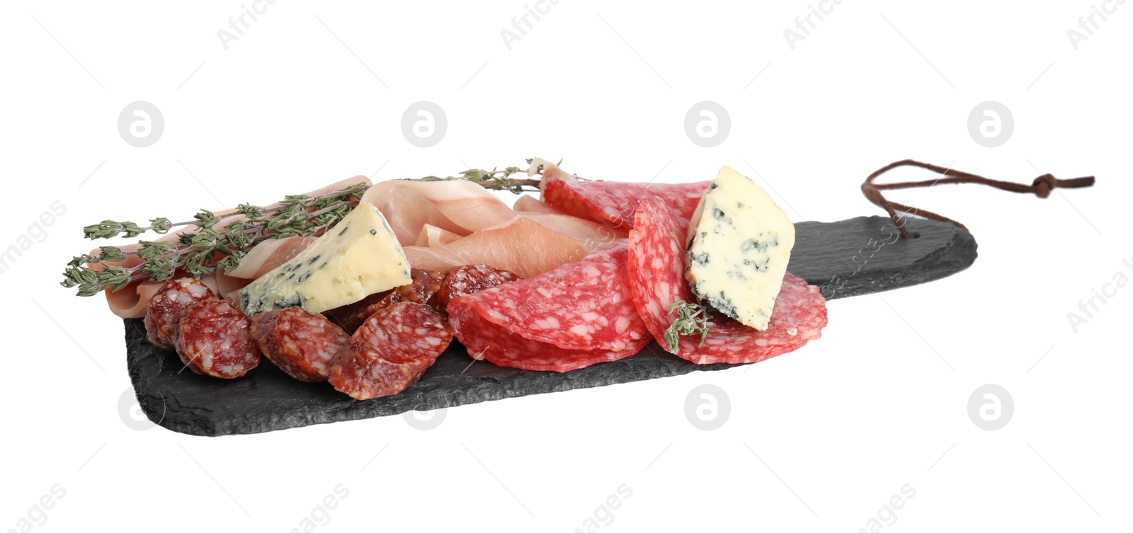 Photo of Slate plate with tasty ham and other delicacies isolated on white