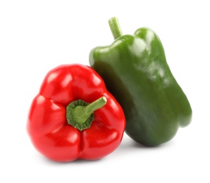 Photo of Fresh ripe bell peppers on white background