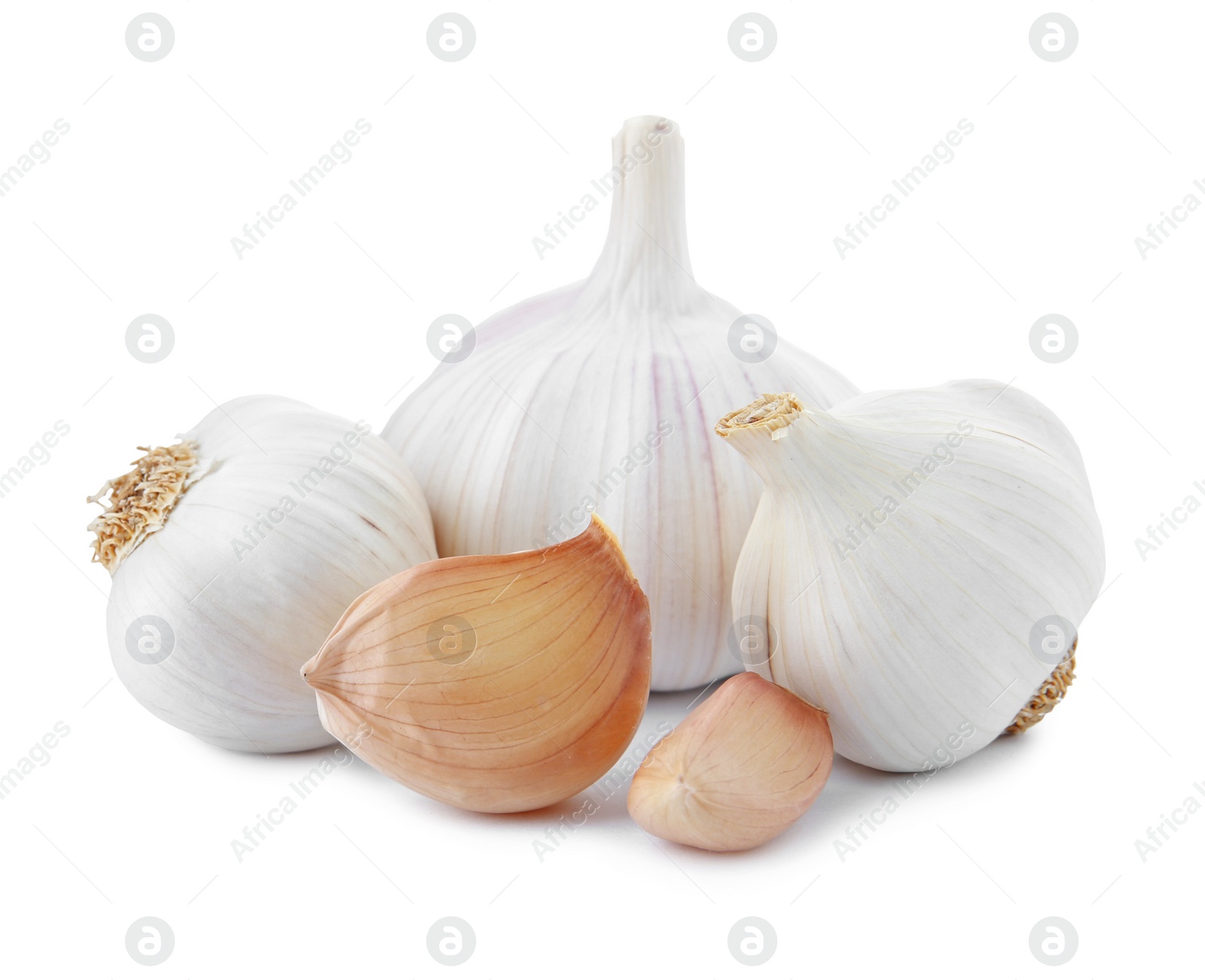 Photo of Fresh garlics on white background. Organic food