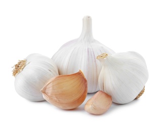 Photo of Fresh garlics on white background. Organic food