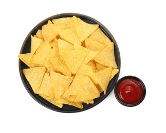 Tasty tortilla chips with ketchup on white background, top view