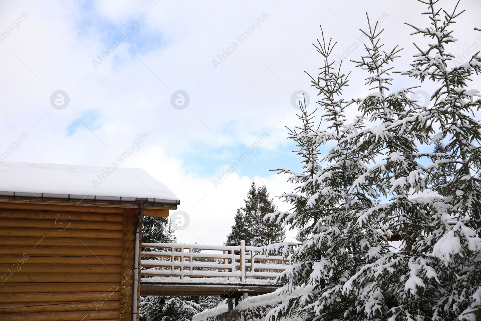 Photo of Beautiful landscape with cottage on snowy winter day
