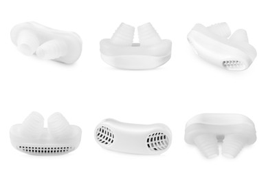 Image of Anti-snoring devices for nose on white background, collage