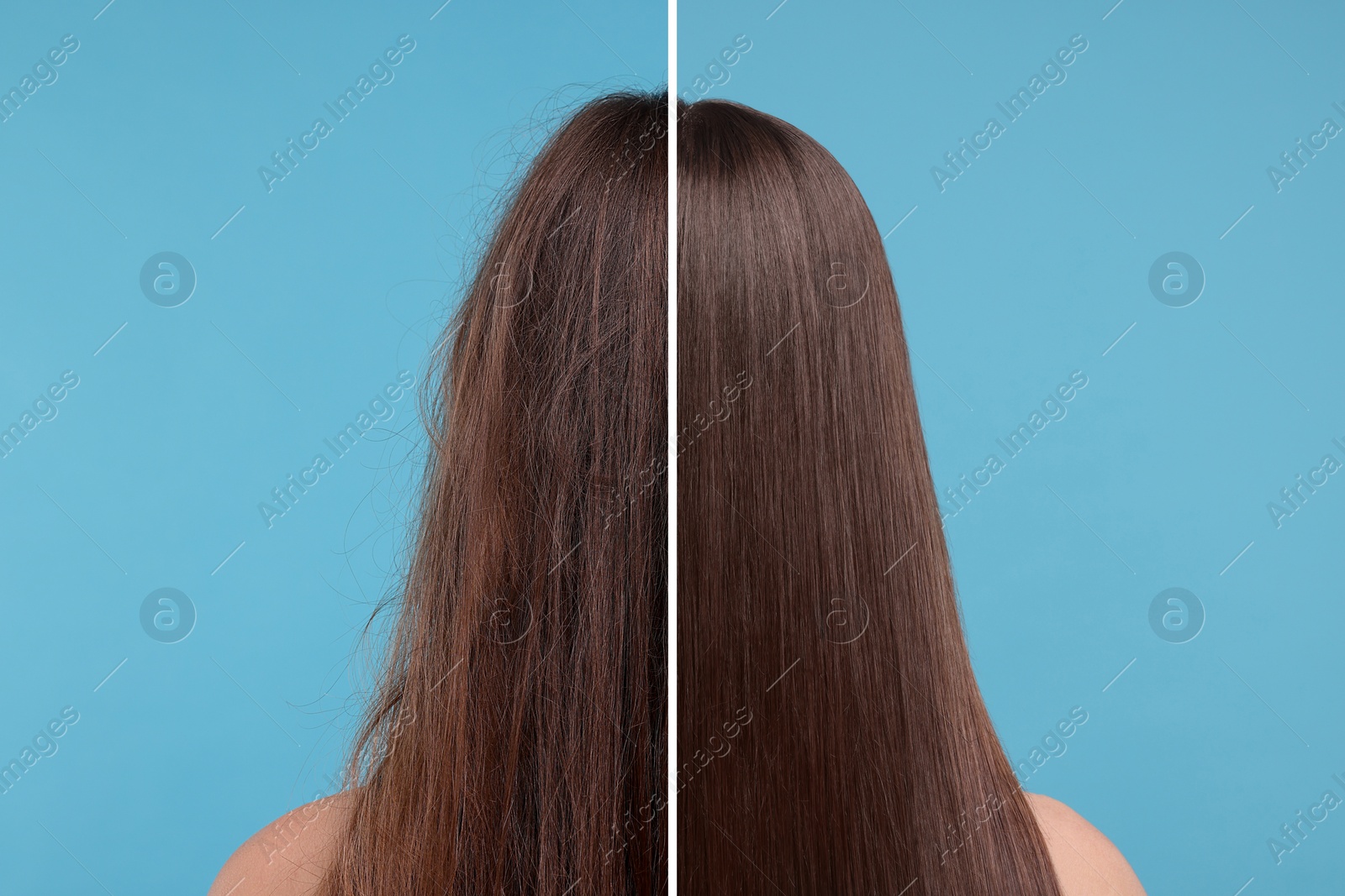 Image of Photo of woman divided into halves before and after hair treatment on light blue background, back view