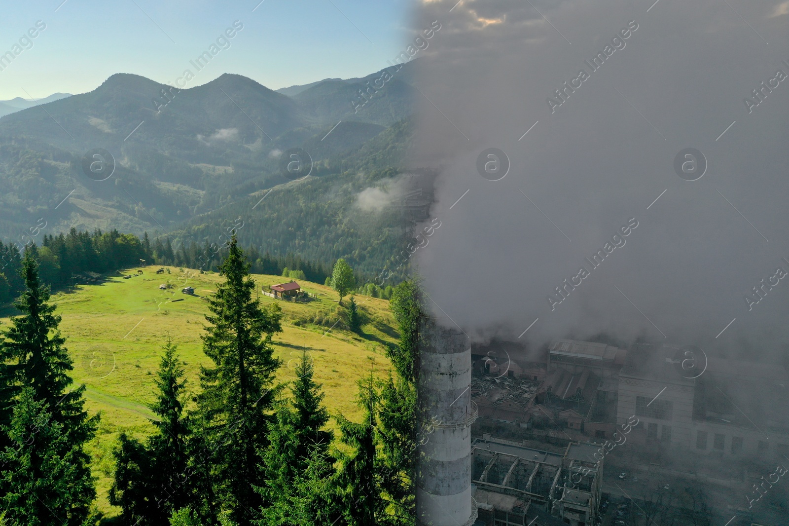 Image of Environmental pollution. Collage divided into mountain landscape and industrial factory with emissions, double exposure