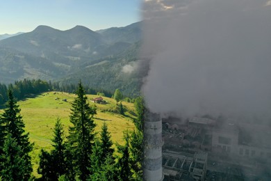 Environmental pollution. Collage divided into mountain landscape and industrial factory with emissions, double exposure