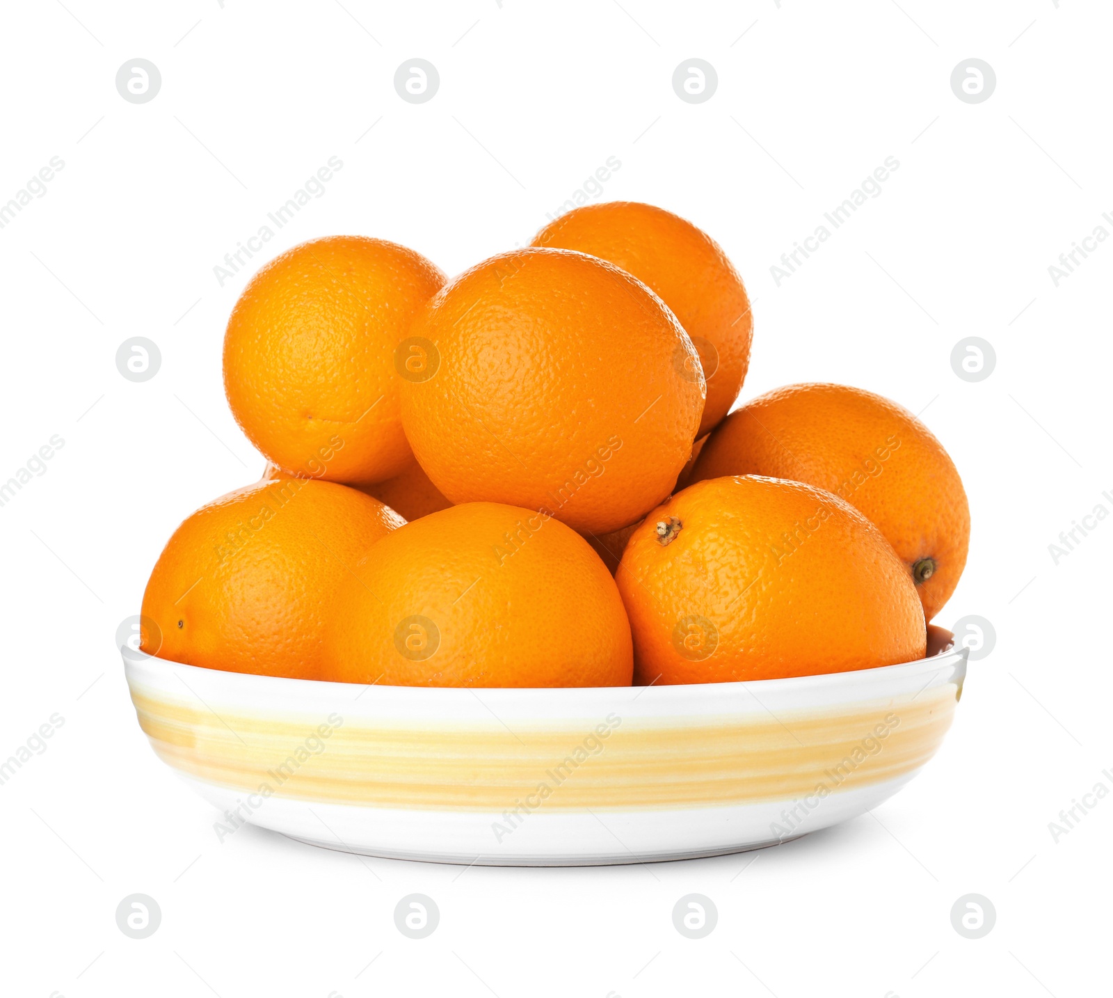 Photo of Fruit bowl with tasty oranges isolated on white