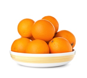 Fruit bowl with tasty oranges isolated on white