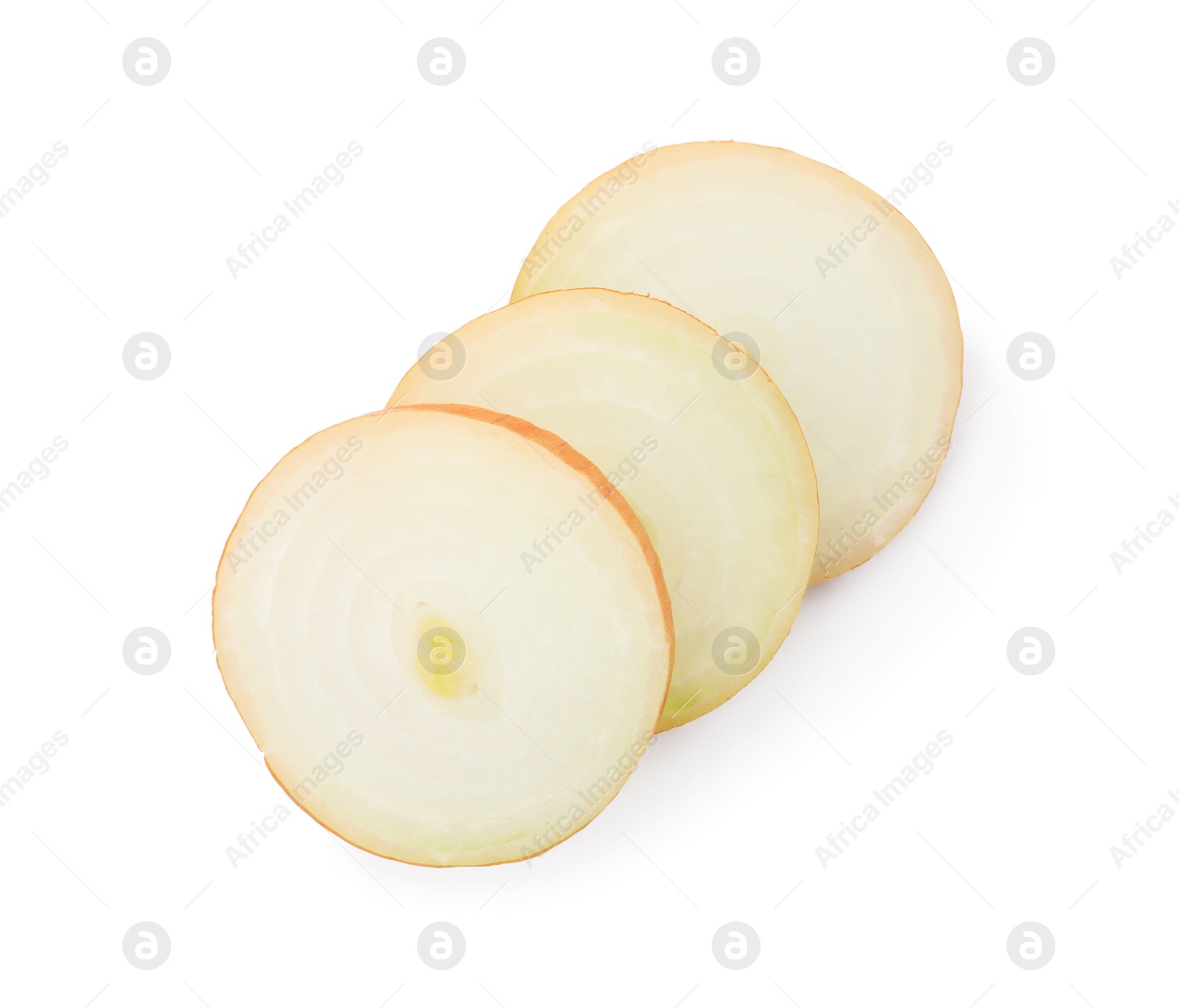 Photo of Slices of raw yellow onion on white background, top view