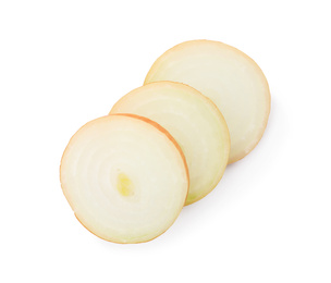 Slices of raw yellow onion on white background, top view