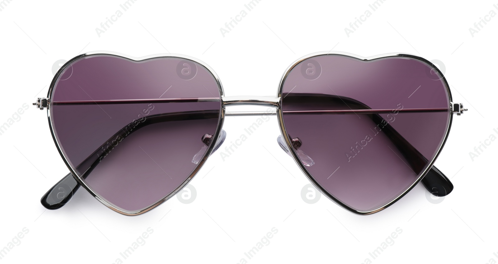 Photo of Stylish heart shaped sunglasses on white background, top view. Beach object