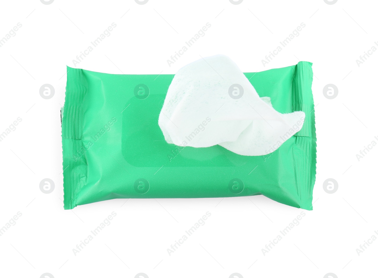 Photo of Wet wipes flow pack isolated on white, top view