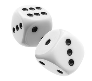 Image of Two dice in air on white background