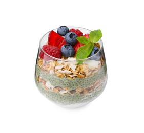 Photo of Tasty oatmeal with chia matcha pudding and berries on white background. Healthy breakfast