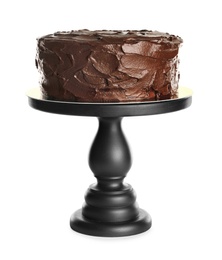 Photo of Stand with tasty homemade chocolate cake on white background