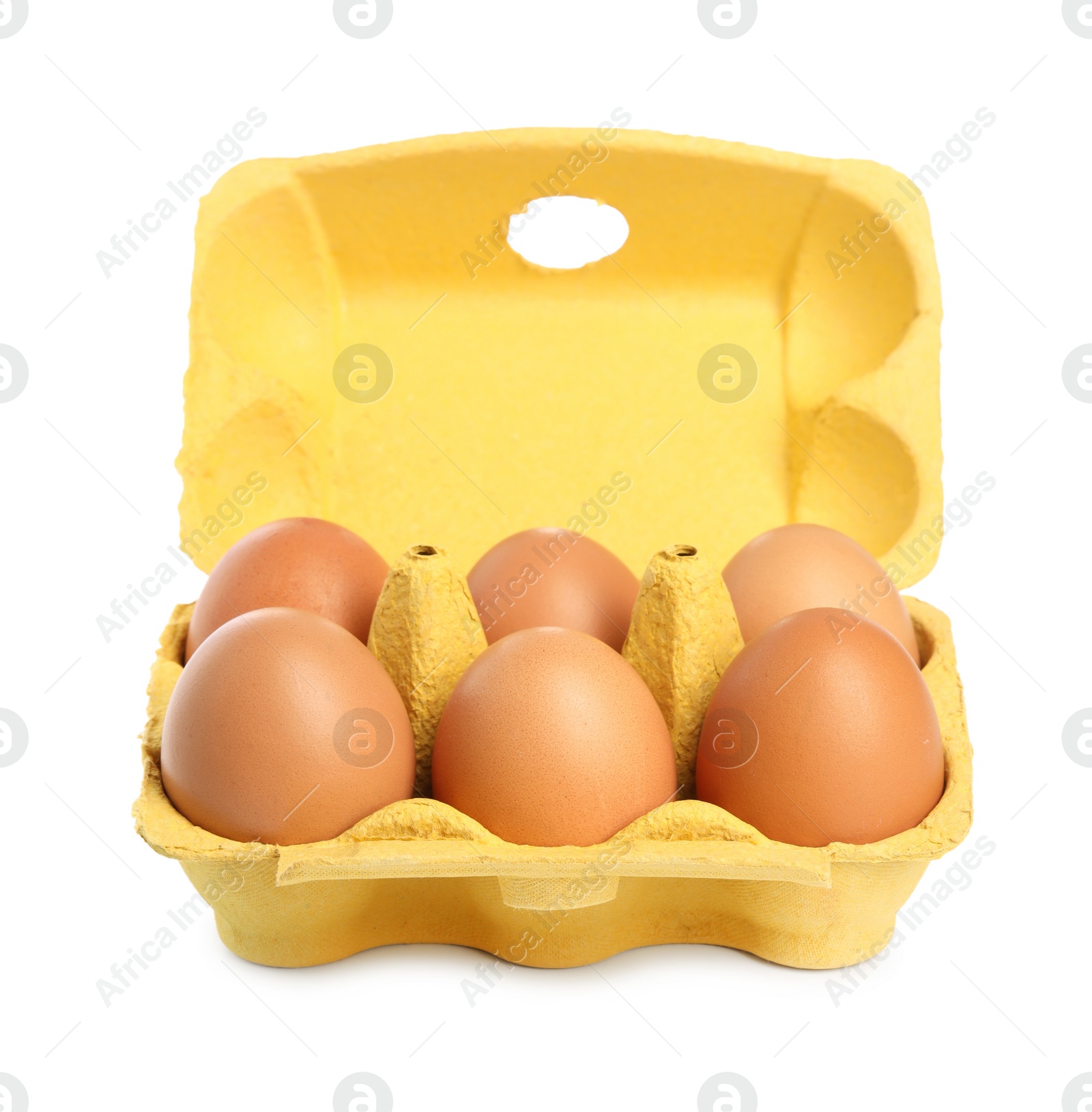 Photo of Chicken eggs in carton isolated on white