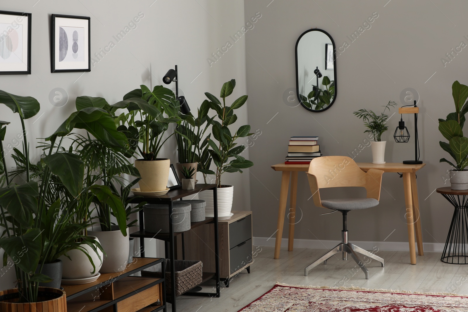 Photo of Cozy room interior with stylish furniture, houseplants and decor elements