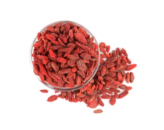 Glass bowl with dried goji berries on white background, top view