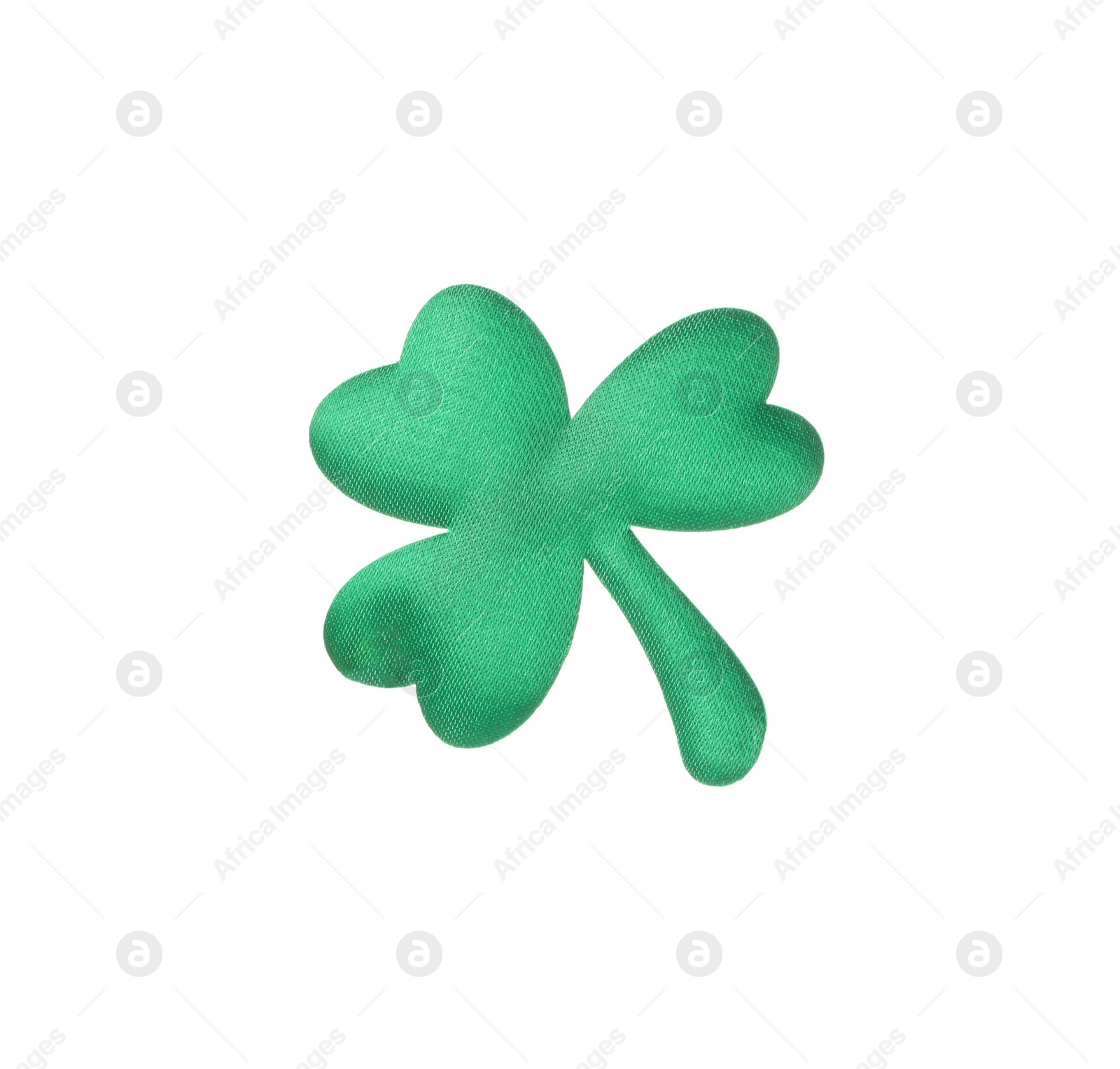 Photo of Decorative green clover leaf isolated on white. Saint Patrick's Day symbol