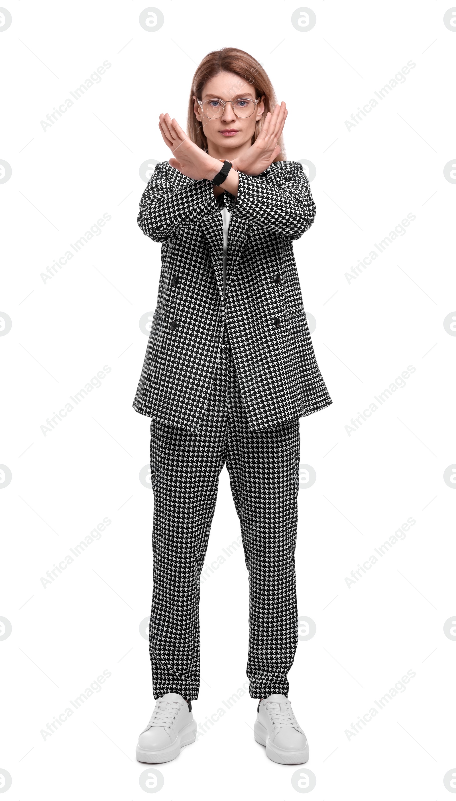 Photo of Beautiful businesswoman in suit rejecting on white background