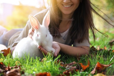 Happy woman with cute white rabbit on grass in park, closeup
