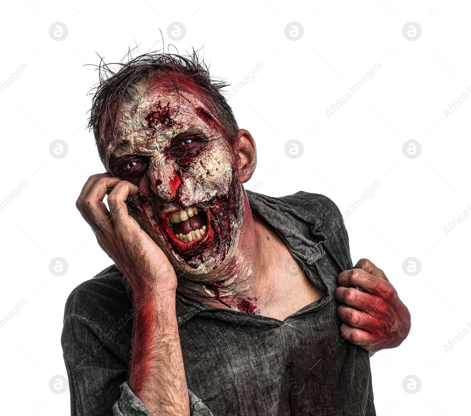 Photo of Scary zombie on white background. Halloween monster