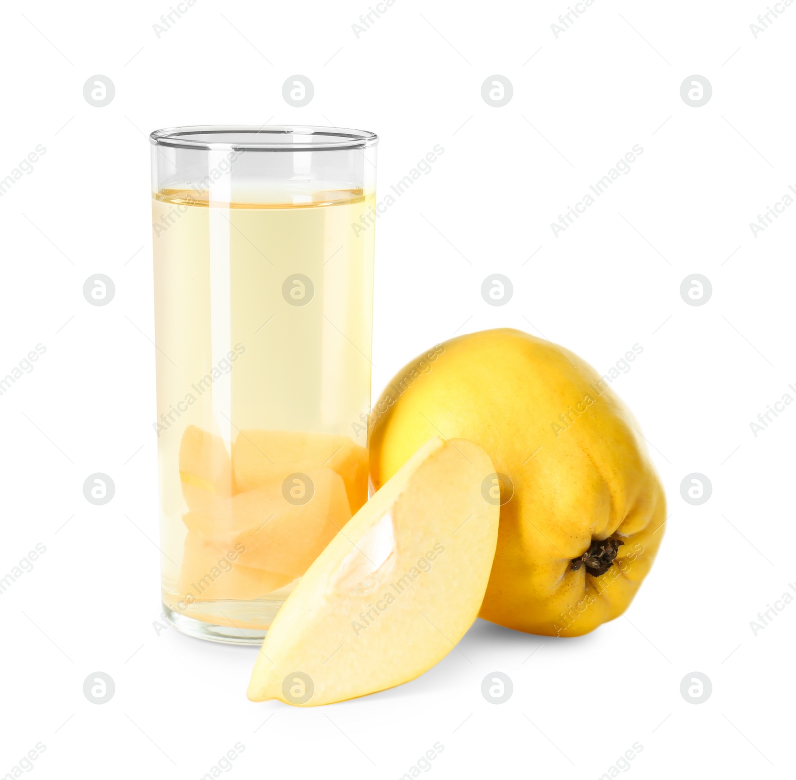 Photo of Delicious quince drink in glass and fresh fruits isolated on white