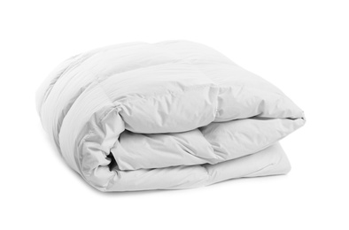 Photo of Folded clean blanket on white background. Household textile