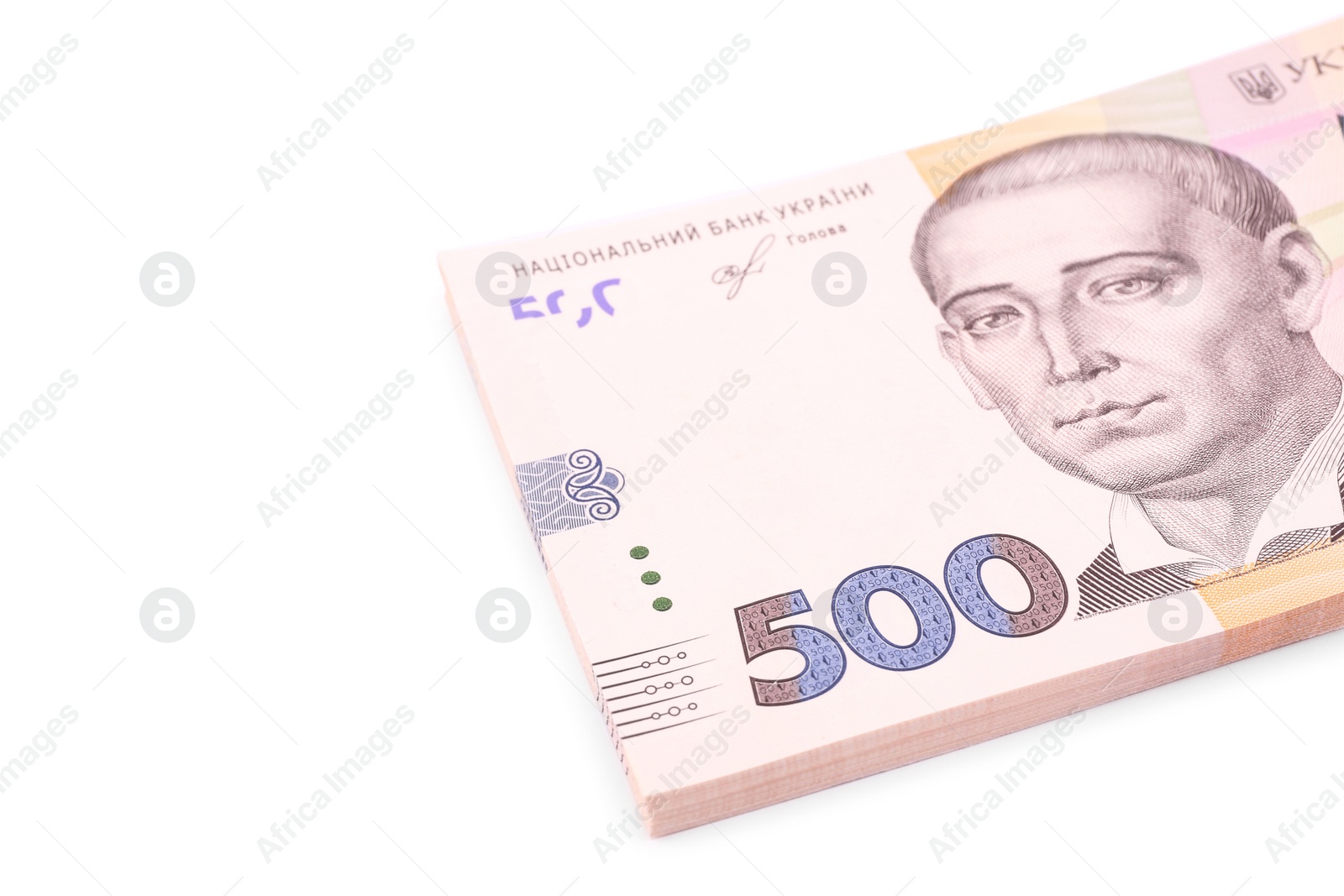 Photo of 500 Ukrainian Hryvnia banknotes on white background, closeup