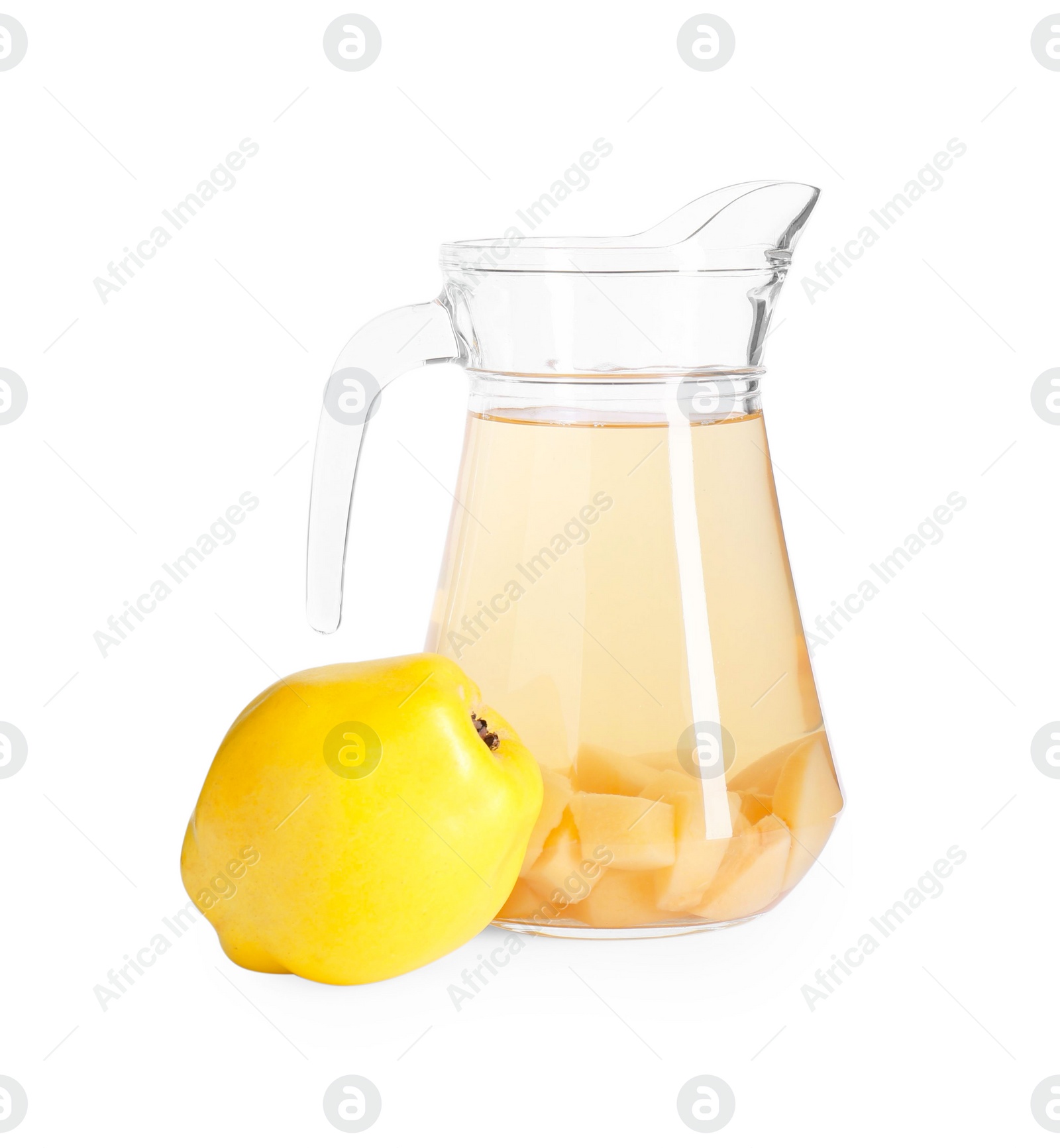 Photo of Delicious quince drink in glass jug and fresh fruit isolated on white