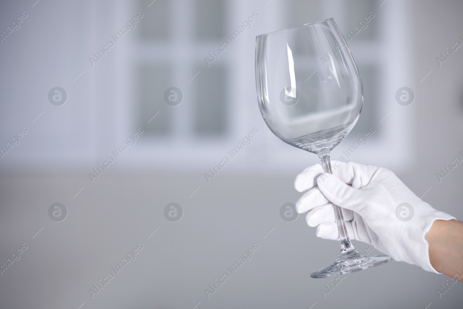 Photo of Person in white glove checking cleanliness of glass indoors, closeup. Space for text