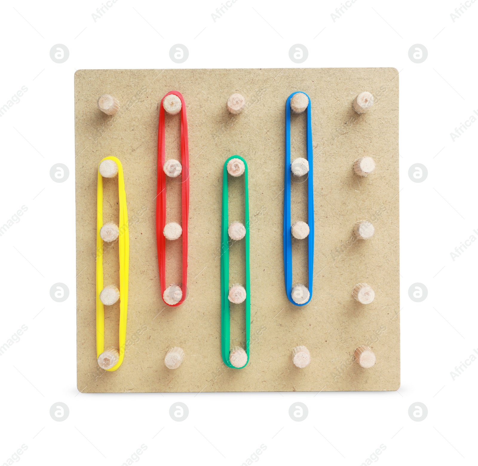 Photo of Wooden geoboard with colorful rubber bands isolated on white. Educational toy for motor skills development