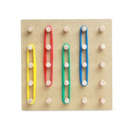 Wooden geoboard with colorful rubber bands isolated on white. Educational toy for motor skills development