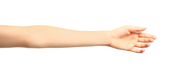 Photo of Young woman showing hand on white background, closeup