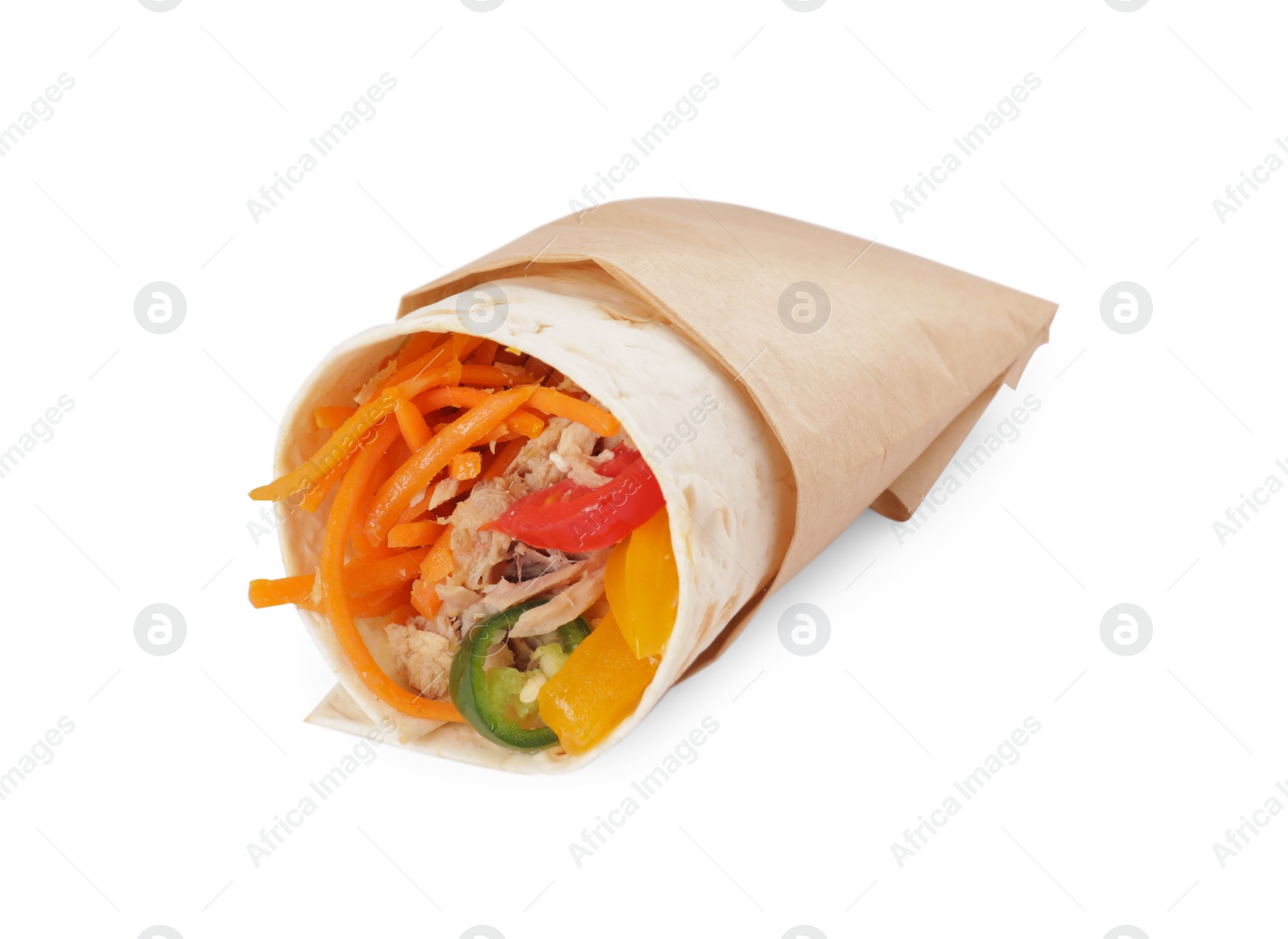 Photo of Delicious tortilla wrap with tuna isolated on white