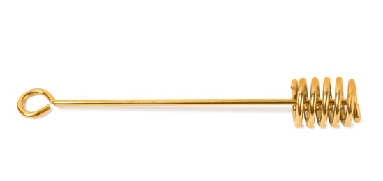 Photo of Stylish gold honey dipper on white background