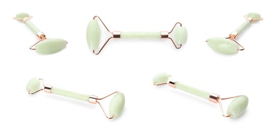 Image of Set with natural jade face rollers on white background. Banner design