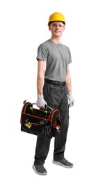 Photo of Professional repairman with tool box on white background