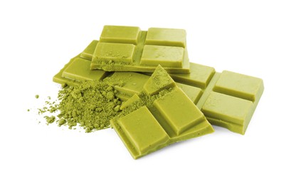 Photo of Pieces of tasty matcha chocolate bar and powder isolated on white