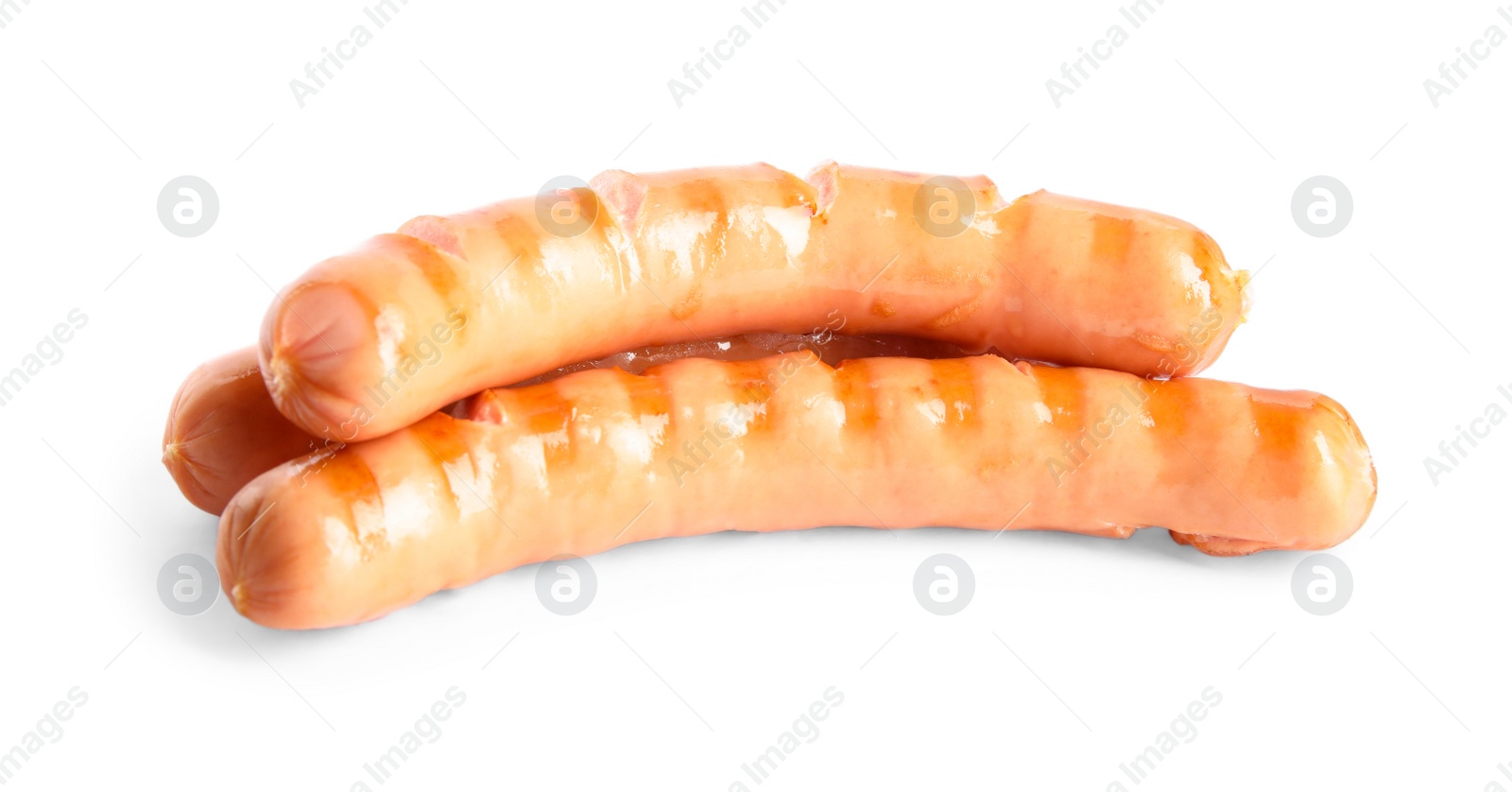 Photo of Tasty fresh grilled sausages isolated on white