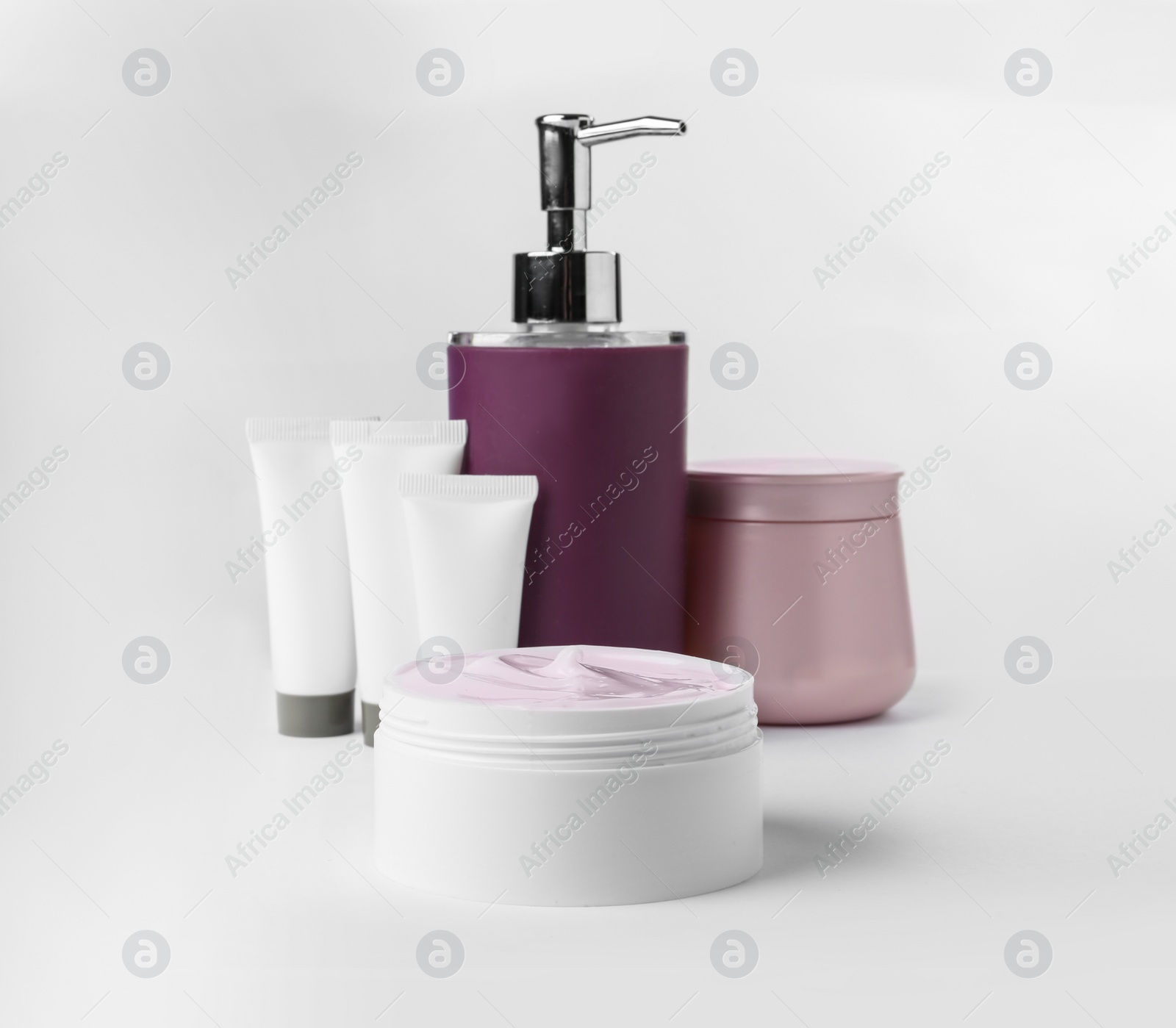 Photo of Different body care products on white background