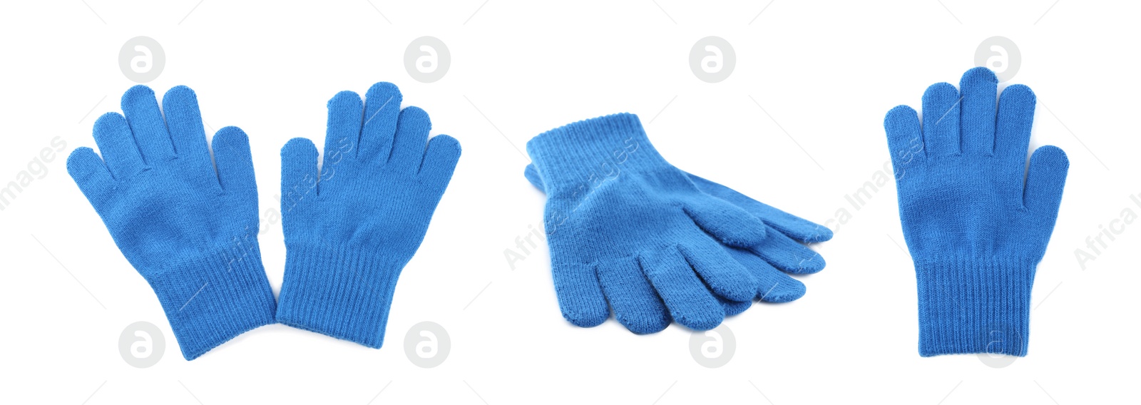 Image of Set of blue woolen gloves on white background. Banner design 