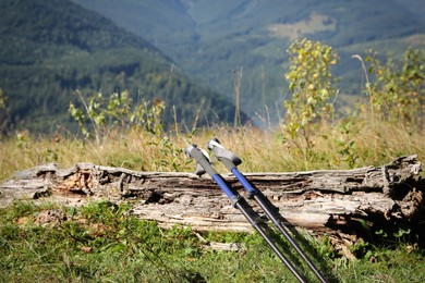 Photo of Pair of trekking poles on grassy hill in mountains