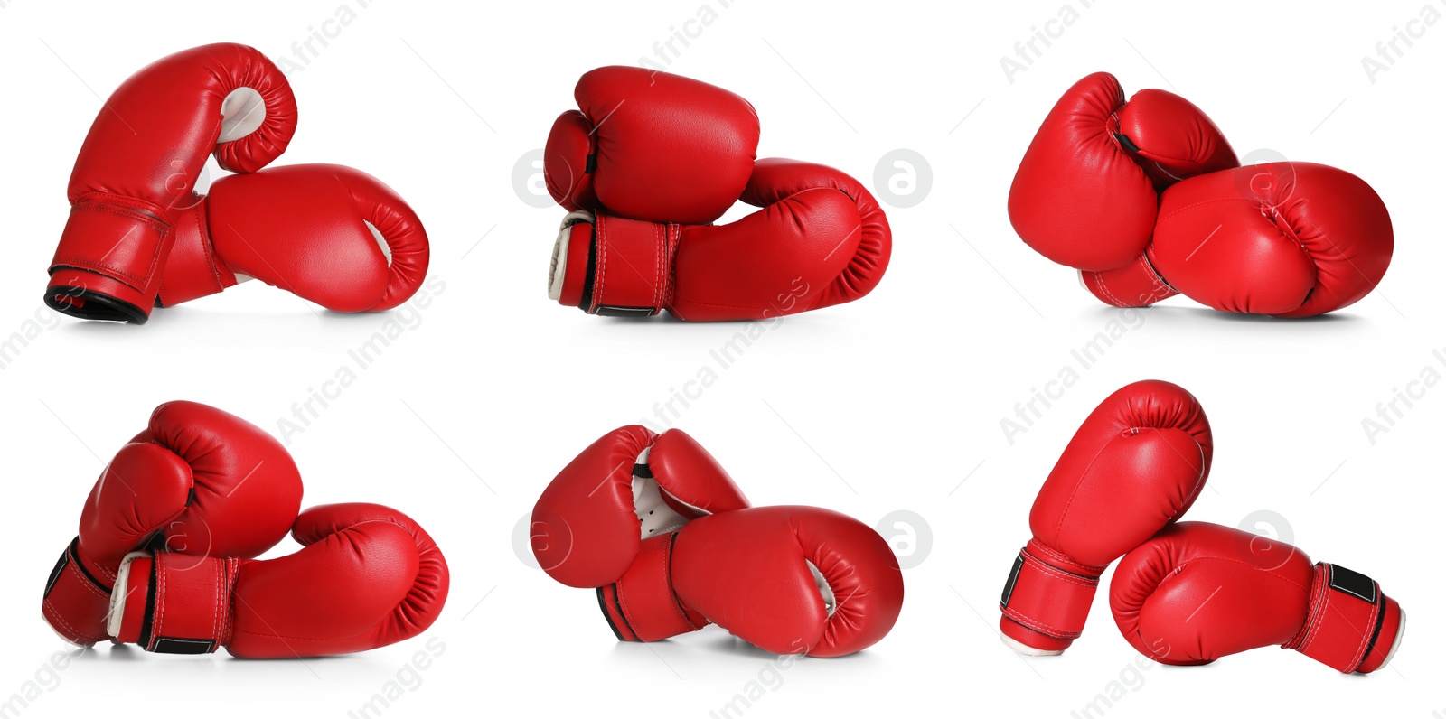 Image of Set with red boxing gloves on white background. Banner design