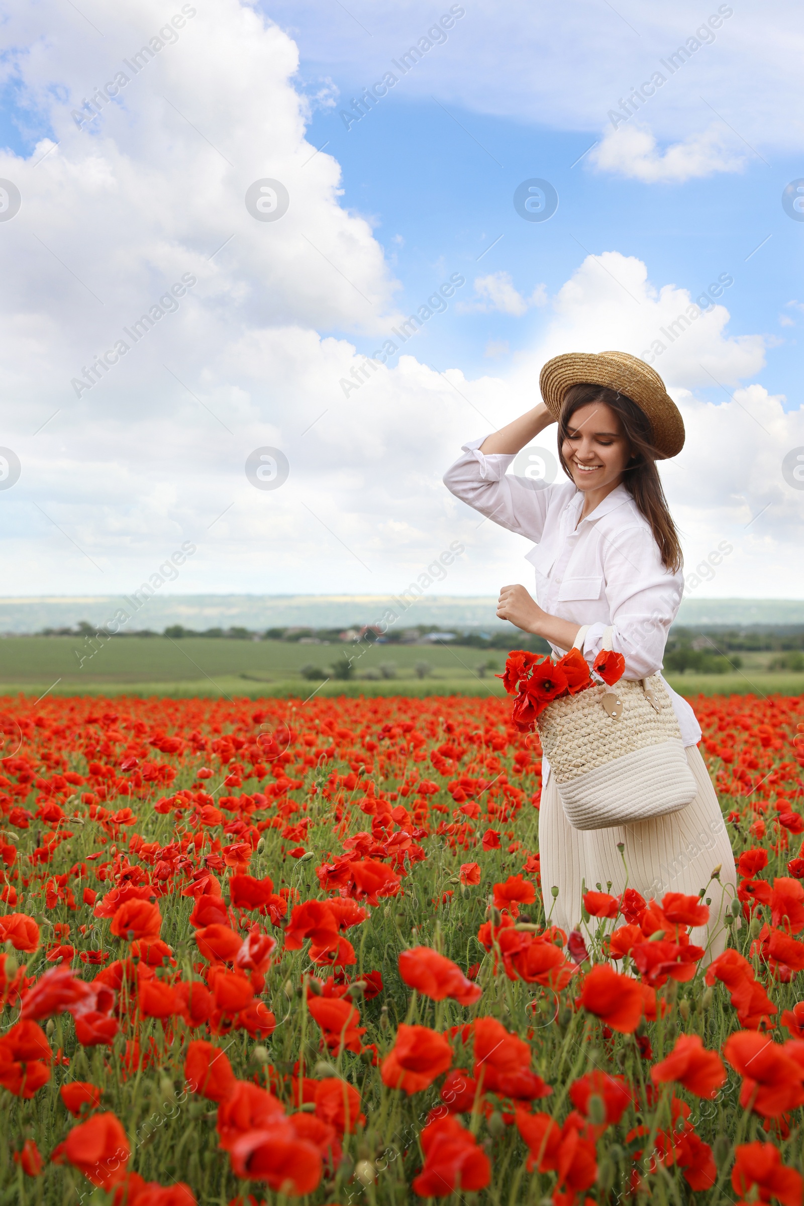 Photo of Woman with handbag and poppy flowers in beautiful field